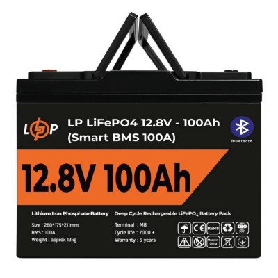 Аккумулятор LP LiFePO4 12V (12,8V) – 100 Ah (1280Wh) (Smart BMS 100А) с BT пластик