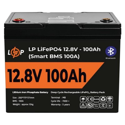 Аккумулятор LP LiFePO4 12V (12,8V) – 100 Ah (1280Wh) (Smart BMS 100А) с BT пластик