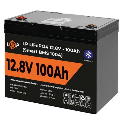 Аккумулятор LP LiFePO4 12V (12,8V) – 100 Ah (1280Wh) (Smart BMS 100А) с BT пластик