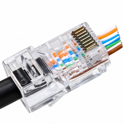 Конектор UTP RJ45 кат. 5e з наскрізними отворами Конектор UTP RJ45 кат. 5e з наскрізними отворами