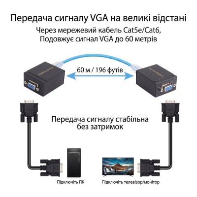 Подовжувач відеосигналу VGA 60m NVC RJ45 to VGA Cat5e Cat6
