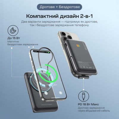 Повербанк 10000mAh Choetech B735 Black QC3.0 PD3.0 бездротова магнітна зарядка, вбудований кабель, підставка Повербанк 10000mAh Choetech B735 Black QC3.0 PD3.0 бездротова магнітна зарядка, вбудований кабель, підставка