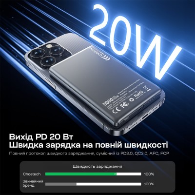 Повербанк 5000mAh Choetech B738 Black QC3.0 PD3.0 бездротова магнітна зарядка Повербанк 5000mAh Choetech B738 Black QC3.0 PD3.0 бездротова магнітна зарядка