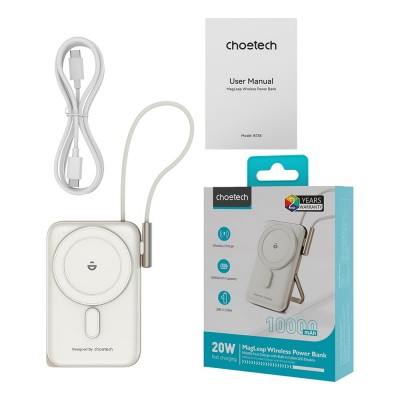 Повербанк 10000mAh Choetech B735 White QC3.0 PD3.0 бездротова магнітна зарядка, вбудований кабель, підставка Повербанк 10000mAh Choetech B735 White QC3.0 PD3.0 бездротова магнітна зарядка, вбудований кабель, підставка