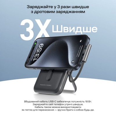 Повербанк 10000mAh Choetech B735 Black QC3.0 PD3.0 бездротова магнітна зарядка, вбудований кабель, підставка Повербанк 10000mAh Choetech B735 Black QC3.0 PD3.0 бездротова магнітна зарядка, вбудований кабель, підставка