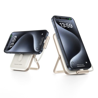 Повербанк 10000mAh Choetech B735 White QC3.0 PD3.0 бездротова магнітна зарядка, вбудований кабель, підставка Повербанк 10000mAh Choetech B735 White QC3.0 PD3.0 бездротова магнітна зарядка, вбудований кабель, підставка