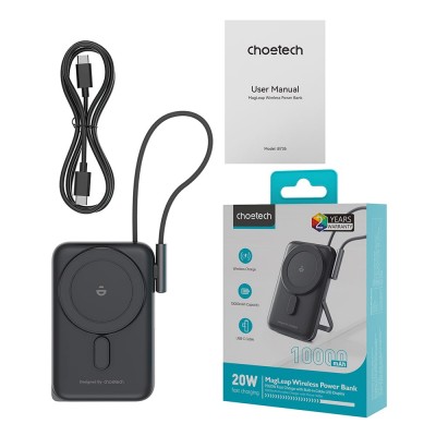 Повербанк 10000mAh Choetech B735 Black QC3.0 PD3.0 бездротова магнітна зарядка, вбудований кабель, підставка Повербанк 10000mAh Choetech B735 Black QC3.0 PD3.0 бездротова магнітна зарядка, вбудований кабель, підставка