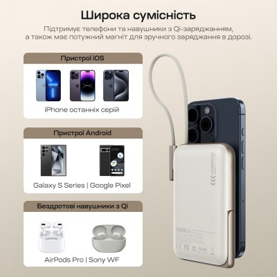 Повербанк 10000mAh Choetech B735 White QC3.0 PD3.0 бездротова магнітна зарядка, вбудований кабель, підставка Повербанк 10000mAh Choetech B735 White QC3.0 PD3.0 бездротова магнітна зарядка, вбудований кабель, підставка