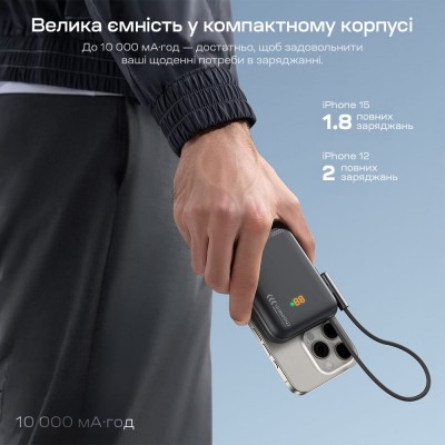 Повербанк 10000mAh Choetech B735 Black QC3.0 PD3.0 бездротова магнітна зарядка, вбудований кабель, підставка Повербанк 10000mAh Choetech B735 Black QC3.0 PD3.0 бездротова магнітна зарядка, вбудований кабель, підставка