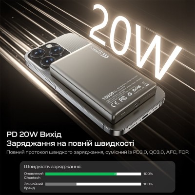 Повербанк 10000mAh Choetech B739 Silver QC3.0 PD3.0 бездротова магнітна зарядка Повербанк 10000mAh Choetech B739 Silver QC3.0 PD3.0 бездротова магнітна зарядка