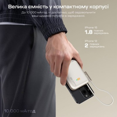 Повербанк 10000mAh Choetech B735 White QC3.0 PD3.0 бездротова магнітна зарядка, вбудований кабель, підставка Повербанк 10000mAh Choetech B735 White QC3.0 PD3.0 бездротова магнітна зарядка, вбудований кабель, підставка