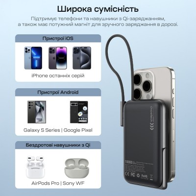 Повербанк 10000mAh Choetech B735 Black QC3.0 PD3.0 бездротова магнітна зарядка, вбудований кабель, підставка Повербанк 10000mAh Choetech B735 Black QC3.0 PD3.0 бездротова магнітна зарядка, вбудований кабель, підставка