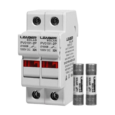 Комплект разъединителя и предохранителя 1000V Leader 32A PV0191-2P и 2 шт. 15A BX0234 для солнечных панелей Комплект разъединителя и предохранителя 1000V Leader 32A PV0191-2P и 2 шт. 15A BX0234 для солнечных панелей