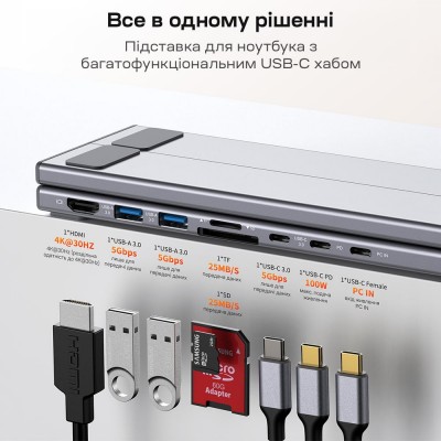 USB-C хаб-підставка 7-в-1 Choetech M57 HDMI 4K@30Hz, 2 USB 3.0, USB-C Data, USB-C PD 100W, SD-card, TF-card USB-C хаб-підставка 7-в-1 Choetech M57 HDMI 4K@30Hz, 2 USB 3.0, USB-C Data, USB-C PD 100W, SD-card, TF-card