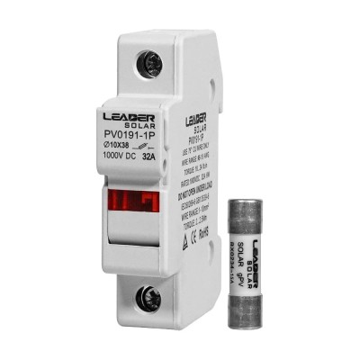 Комплект разъединителя и предохранителя 1000V Leader 32A PV0191-1P и 15A BX0234 для солнечных панелей Комплект разъединителя и предохранителя 1000V Leader 32A PV0191-1P и 15A BX0234 для солнечных панелей