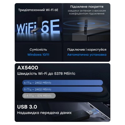 Адаптер WiFi 6E Cudy WU5400 тридіапазонний з USB 3.0 AX5400 Адаптер WiFi 6E Cudy WU5400 тридіапазонний з USB 3.0 AX5400