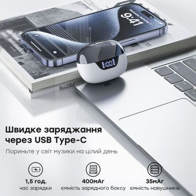 Бездротові навушники Choetech BH-T60 White TWS, Bluetooth 5.3, ANC+ENC, LED-дисплей