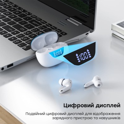 Бездротові навушники Choetech BH-T60 White TWS, Bluetooth 5.3, ANC+ENC, LED-дисплей