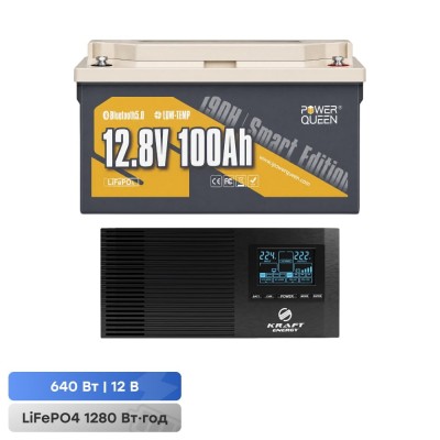 Комплект резервного живлення 640W 1280Wh: інвертор з функцією ДБЖ Kraft KRF-AVR800VA/640W-12V + акумуляторна батарея LiFePO4 12.8V 100Ah з Bluetooth Power Queen H190 P12V100-100-RV190-BT-4-AC150 Комплект резервного живлення 640W 1280Wh: інвертор з функцією ДБЖ Kraft KRF-AVR800VA/640W-12V + акумуляторна батарея LiFePO4 12.8V 100Ah з Bluetooth Power Queen H190 P12V100-100-RV190-BT-4-AC150