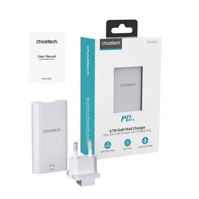 Сітчасте зарядне пристрій Choetech PD6011 Ultra thin PD67W GAN A+C White