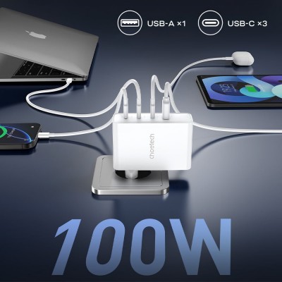 Мережевий зарядний пристрій Choetech PD9002 PD100W GAN USB-A+3xUSB-C White