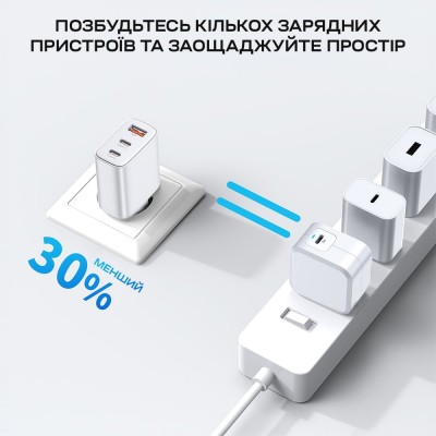 Мережевий зарядний пристрій Choetech PD3046 PD30W GAN USB-A+2xUSB-C White