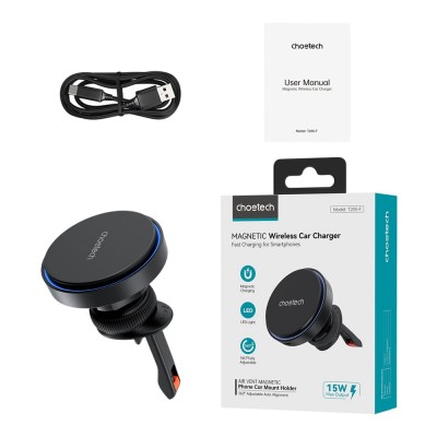 Автомобільний зарядний пристрій Choetech T205-F Black бездротова зарядка, магнітне кріплення