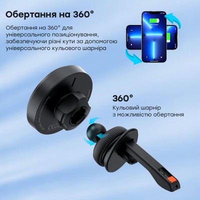 Автомобільний зарядний пристрій Choetech T205-F Black бездротова зарядка, магнітне кріплення
