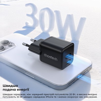 Мережевий зарядний пристрій Choetech PD5012 mini PD30W GAN A+C Black Мережевий зарядний пристрій Choetech PD5012 mini PD30W GAN A+C Black