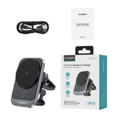 Автомобільний зарядний пристрій Choetech T206-F Black бездротова зарядка, магнітне кріплення Автомобільний зарядний пристрій Choetech T206-F Black бездротова зарядка, магнітне кріплення