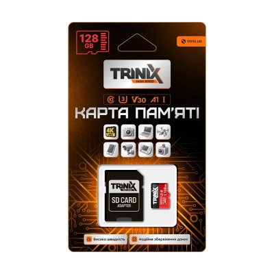 Карта пам’яті Trinix 128GB miсroSDXC з SD-адаптером U3 V30 A1 Карта пам’яті Trinix 128GB miсroSDXC з SD-адаптером U3 V30 A1