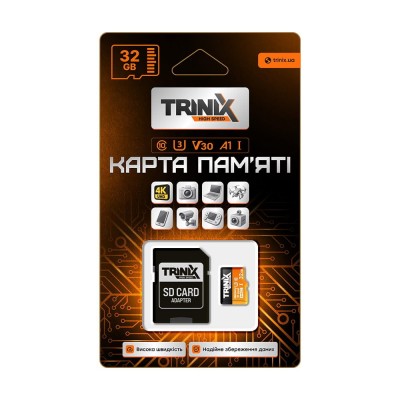Карта пам’яті Trinix 32GB miсroSDHC з SD-адаптером U3 V30 A1 Карта пам’яті Trinix 32GB miсroSDHC з SD-адаптером U3 V30 A1