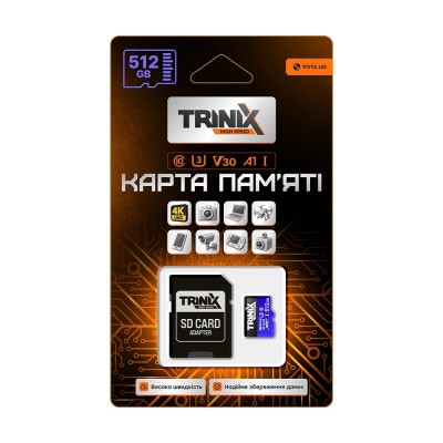Карта пам’яті Trinix 512GB miсroSDXC з SD-адаптером U3 V30 A1 Карта пам’яті Trinix 512GB miсroSDXC з SD-адаптером U3 V30 A1