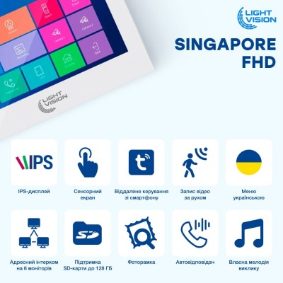 Комплект відеодомофона Light Vision: домофон 7" SINGAPORE (AI) FHD White та відеопанель RIO FHD Silver Комплект відеодомофона Light Vision: домофон 7" SINGAPORE (AI) FHD White та відеопанель RIO FHD Silver