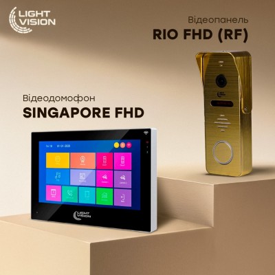 Комплект видеодомофона Light Vision: домофон 10" SINGAPORE (AI) FHD Black и видеопанель RIO FHD Gold