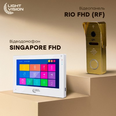 Комплект видеодомофона Light Vision: домофон 10" SINGAPORE (AI) FHD White и видеопанель RIO FHD Gold