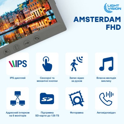 Комплект відеодомофону Light Vision з електрозамком: домофон 7" AMSTERDAM FHD Grey, відеопанель 2Mp RIO FHD Grey, електромеханічний замок Trinix TRX Fass Steel
