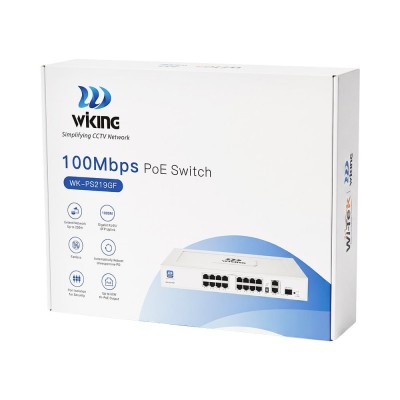 PoE-коммутатор 19-портовый неуправляемый Wiking WK-PS219GF, 16x100Mbps PoE, 2x1000Mbps Uplink, 1x1000Mbps SFP, 180W