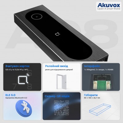 Термінал контролю доступу Akuvox A08S з клавіатурою та зчитувачем EM-Marine / Mifare / NFC / BLE / QR Термінал контролю доступу Akuvox A08S з клавіатурою та зчитувачем EM-Marine / Mifare / NFC / BLE / QR