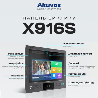 IP-відеопанель багатоабонентська 2Mp Akuvox X916S з екраном 13", розпізнаванням облич та зчитувачем EM-Marine / Mifare / NFC / BLE / QR IP-відеопанель багатоабонентська 2Mp Akuvox X916S з екраном 13", розпізнаванням облич та зчитувачем EM-Marine / Mifare / NFC / BLE / QR