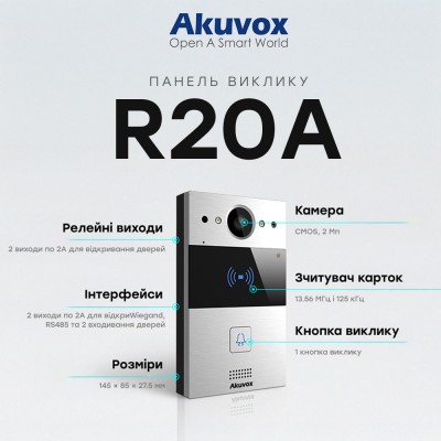 IP-відеопанель 2Mp Akuvox R20A SIP зі зчитувачем EM-Marine / Mifare / NFC IP-відеопанель 2Mp Akuvox R20A SIP зі зчитувачем EM-Marine / Mifare / NFC
