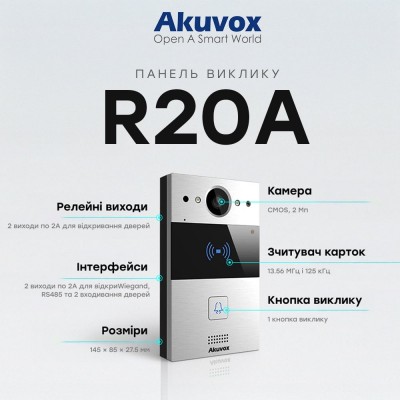 IP-відеопанель 2Mp Akuvox R20A SIP зі зчитувачем EM-Marine / Mifare / NFC IP-відеопанель 2Mp Akuvox R20A SIP зі зчитувачем EM-Marine / Mifare / NFC