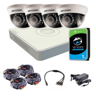 Комплект видеонаблюдения внутренний 2 Мп: видеорегистратор DS-7104HQHI-K1(S), 4 камеры DS-2CE56D0T-IRMMF (C) (2.8 мм), жесткий диск, блок питания, разветвитель питания, 4 BNC-power кабеля