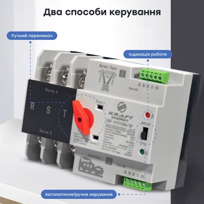 Автоматический переключатель (АВР) под DIN-рейку Kraft KRF-ATS100A/3p 3 полюса