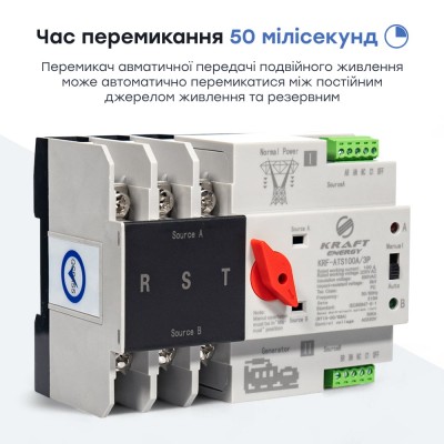 Автоматический переключатель (АВР) под DIN-рейку Kraft KRF-ATS100A/3p 3 полюса