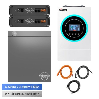 Комплект резервного живлення: гібридний інвертор Sako SUNON V 6.5KW і акумуляторна батарея 51.2В Voltsmile V10 Classic – 2 шт. Комплект резервного живлення: гібридний інвертор Sako SUNON V 6.5KW і акумуляторна батарея 51.2В Voltsmile V10 Classic – 2 шт.