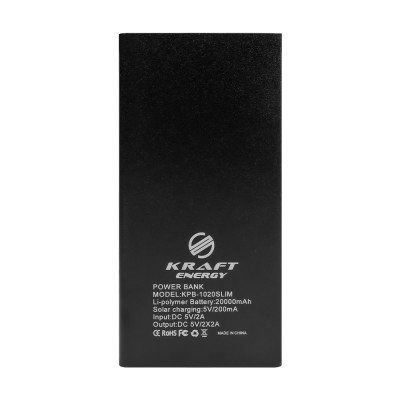 Повербанк с солнечной панелью 20000mAh Power Bank Kraft KPB-1020SLIM Black LED-фонарь Повербанк с солнечной панелью 20000mAh Power Bank Kraft KPB-1020SLIM Black LED-фонарь