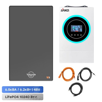 Комплект резервного живлення: гібридний інвертор Sako SUNON V 6.5KW/48V і акумуляторна батарея 51.2В Voltsmile W1 Classic Комплект резервного живлення: гібридний інвертор Sako SUNON V 6.5KW/48V і акумуляторна батарея 51.2В Voltsmile W1 Classic
