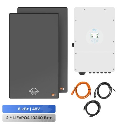 Комплект резервного живлення: гібридний інвертор Deye 8kW SUN-8K-SG01LP1-EU і акумуляторна батарея 51.2В 10240 Втг Voltsmile W1 Classic – 2 шт. Комплект резервного живлення: гібридний інвертор Deye 8kW SUN-8K-SG01LP1-EU і акумуляторна батарея 51.2В 10240 Втг Voltsmile W1 Classic – 2 шт.
