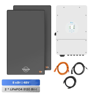 Комплект резервного питания: гибридный инвертор Deye 8kW SUN-8K-SG01LP1-EU и аккумуляторная батарея 51.2В Voltsmile W1 Classic – 2 шт. Комплект резервного питания: гибридный инвертор Deye 8kW SUN-8K-SG01LP1-EU и аккумуляторная батарея 51.2В Voltsmile W1 Classic – 2 шт.